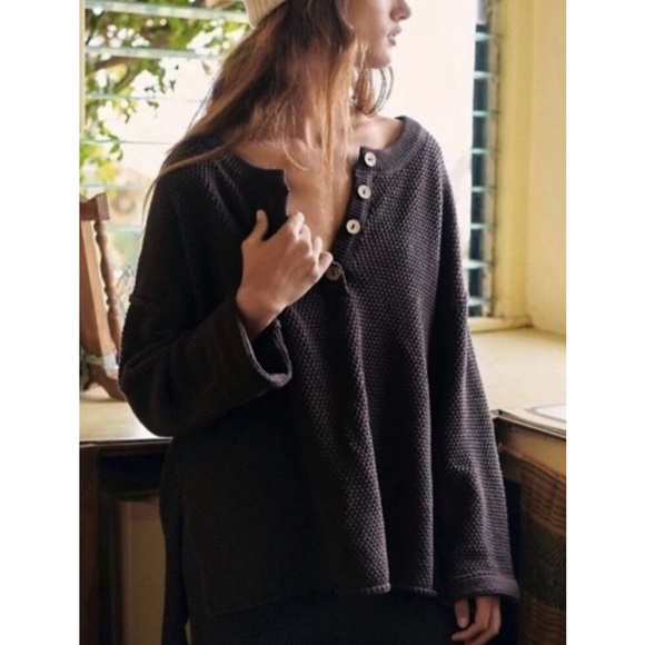 Free People Sweaters - Free People Beach Hailee Sweater Top Black Button Detailing Waffle Knit Size S